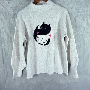 LOFT womens mock neck cat graphic sweater size large gray soft knit